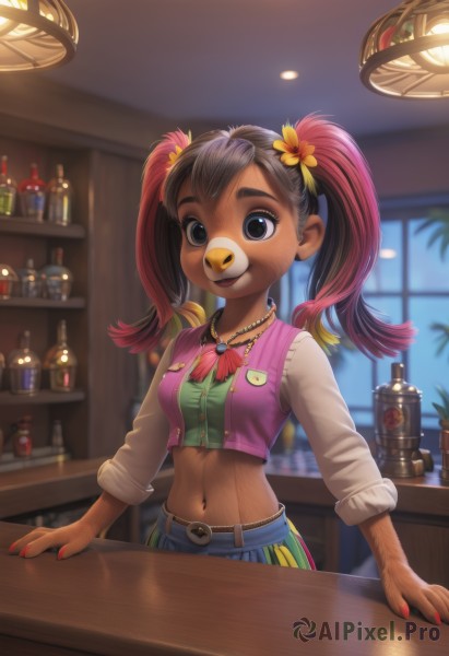 1girl,solo,long hair,breasts,looking at viewer,smile,bangs,skirt,shirt,black hair,hair ornament,long sleeves,navel,twintails,jewelry,flower,red hair,multicolored hair,small breasts,midriff,belt,indoors,hair flower,dark skin,necklace,stomach,nail polish,blurry,black eyes,vest,two-tone hair,dark-skinned female,streaked hair,crop top,fingernails,window,makeup,buttons,depth of field,blurry background,table,bottle,red nails,freckles,pink shirt,navel piercing,shelf,open vest,bar (place),counter,cropped vest,open mouth,blue eyes,brown hair,bow,white shirt,pink hair,artist name,bowtie,blue skirt,bird,denim,multicolored clothes,buckle,pocket,belt buckle,green shirt,brown belt,badge,green vest,button badge