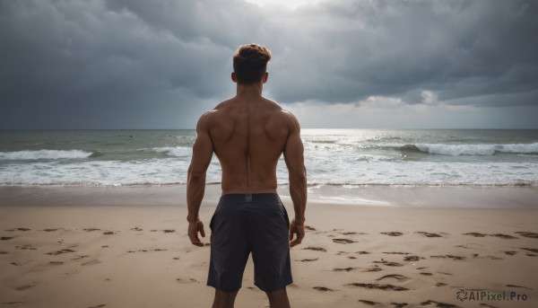 solo,short hair,black hair,1boy,jewelry,male focus,earrings,outdoors,sky,shorts,day,cloud,dark skin,water,from behind,muscular,ocean,back,beach,dark-skinned male,cloudy sky,muscular male,bara,topless male,sand,arms at sides,horizon,facing away,undercut,male swimwear,waves,swim trunks,standing