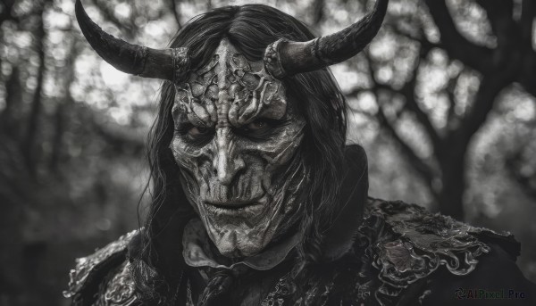 solo,long hair,looking at viewer,1boy,closed mouth,monochrome,greyscale,male focus,horns,teeth,armor,blurry,tree,blurry background,shoulder armor,portrait,spot color,pauldrons,1girl,smile,mask,skull,realistic