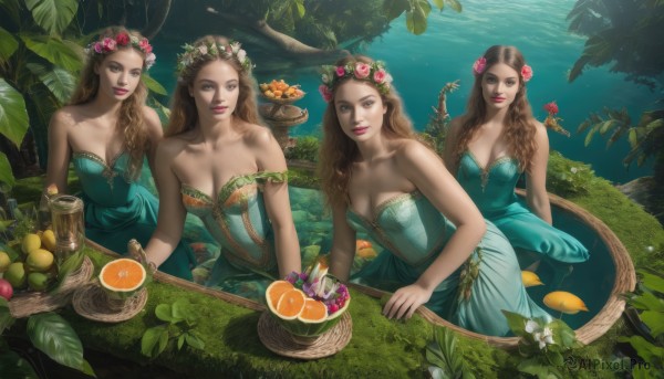 long hair,breasts,looking at viewer,smile,multiple girls,brown hair,hair ornament,dress,cleavage,bare shoulders,brown eyes,medium breasts,sitting,collarbone,braid,flower,outdoors,parted lips,food,sleeveless,hair flower,3girls,water,tree,cup,lips,strapless,4girls,fruit,blue dress,leaf,wavy hair,sunlight,grass,plant,nature,strapless dress,partially submerged,green dress,underwater,basket,head wreath,mushroom,grapes,orange (fruit),lily pad,aqua dress,orange slice,pineapple,closed mouth,day,artist name,makeup,leaning forward,arm support,watermark,table,pink flower,realistic,fantasy,branch,red lips,watercraft,pink rose,boat,orange flower