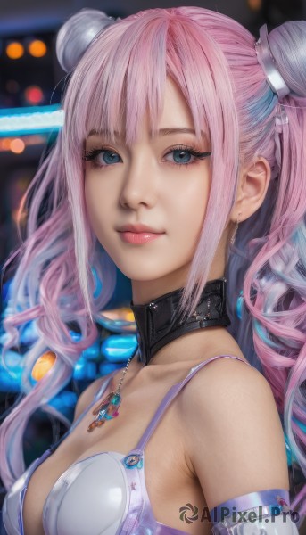 1girl,solo,long hair,breasts,looking at viewer,smile,bangs,blue eyes,cleavage,bare shoulders,twintails,jewelry,medium breasts,closed mouth,underwear,upper body,pink hair,multicolored hair,earrings,choker,necklace,bra,blurry,collar,two-tone hair,lips,eyelashes,double bun,makeup,blurry background,realistic,hair ornament,collarbone,sidelocks,small breasts,detached sleeves,from side,nose