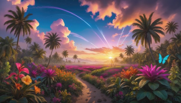 flower, outdoors, sky, cloud, tree, no humans, beach, grass, bug, plant, butterfly, star (sky), scenery, starry sky, sunset, palm tree, shooting star