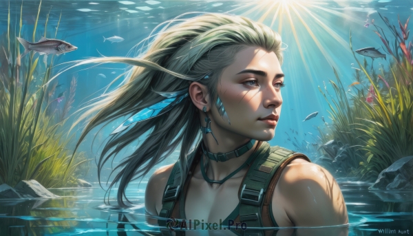 1girl,solo,long hair,blue eyes,bare shoulders,jewelry,closed mouth,collarbone,upper body,earrings,green hair,choker,artist name,signature,water,lips,looking to the side,grey eyes,floating hair,watermark,scar,looking away,sunlight,scar on face,partially submerged,fish,light rays,rock,underwater,nose,swimming,hair ornament,brown eyes,necklace,facial mark,feathers,plant,realistic,facepaint