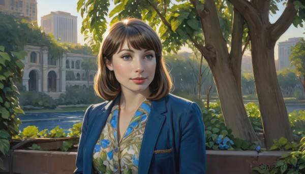 1girl,solo,smile,short hair,bangs,blue eyes,brown hair,shirt,brown eyes,closed mouth,jacket,white shirt,upper body,flower,outdoors,open clothes,day,collared shirt,medium hair,water,open jacket,tree,lips,looking to the side,makeup,leaf,looking away,floral print,sunlight,blazer,plant,blue jacket,building,scenery,freckles,realistic,nose,red lips,looking afar,looking at viewer,sky,grey eyes,eyelashes,swept bangs,blue shirt,blue flower,river,lily pad,denim jacket