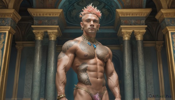 solo,looking at viewer,short hair,open mouth,1boy,navel,brown eyes,jewelry,nipples,pink hair,male focus,multicolored hair,earrings,dark skin,necklace,stomach,bracelet,tattoo,muscular,facial hair,scar,piercing,abs,pectorals,muscular male,spiked hair,ear piercing,bara,large pectorals,topless male,mature male,arm tattoo,nipple piercing,bare pectorals,undercut,pubic tattoo,pillar,chest tattoo,stomach tattoo,underwear,indoors,dark-skinned male,gem,bulge,realistic,male underwear,facial tattoo,column