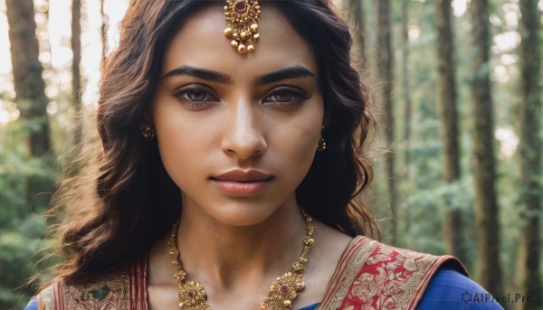 1girl,solo,long hair,looking at viewer,smile,brown hair,black hair,hair ornament,brown eyes,jewelry,closed mouth,upper body,earrings,outdoors,day,dark skin,necklace,blurry,black eyes,dark-skinned female,lips,eyelashes,depth of field,blurry background,wavy hair,portrait,nature,close-up,forest,curly hair,realistic,nose,makeup