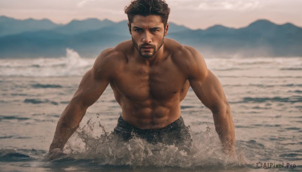 solo,looking at viewer,short hair,brown hair,black hair,1boy,navel,brown eyes,male focus,outdoors,sky,day,dark skin,water,blurry,wet,muscular,blurry background,facial hair,ocean,beach,abs,dark-skinned male,pectorals,muscular male,bara,beard,partially submerged,topless male,mature male,realistic,mustache,sand,manly,chest hair,male swimwear,waves,very dark skin,arm hair,closed mouth,nipples,cloud,large pectorals