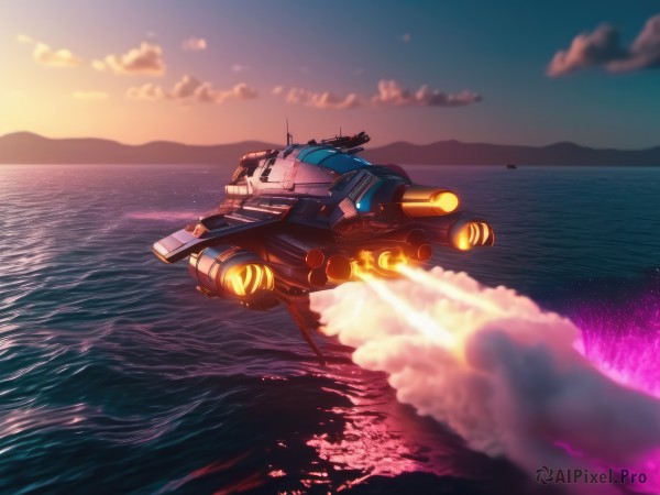 outdoors,sky,cloud,water,military,no humans,ocean,scenery,flying,science fiction,sunset,turret,mountain,horizon,cannon,military vehicle,watercraft,vehicle focus,ship,waves,spacecraft,warship,island,glowing,cloudy sky,realistic,dusk,thrusters