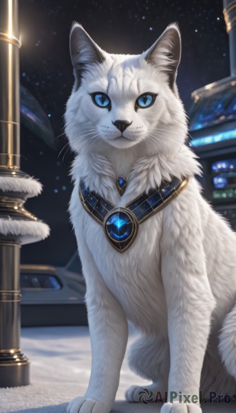 solo,looking at viewer,blue eyes,jewelry,closed mouth,full body,outdoors,sky,signature,blurry,no humans,night,blurry background,animal,cat,brooch,gem,star (sky),night sky,starry sky,animal focus,white fur,lamppost,blue gemstone,white cat,blue sclera,necklace,pillar,whiskers