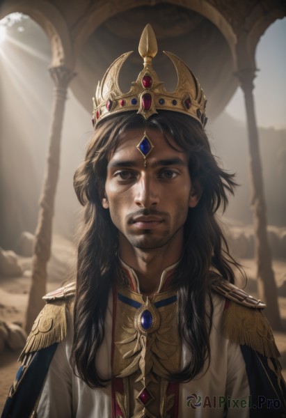 solo,long hair,looking at viewer,brown hair,black hair,1boy,brown eyes,jewelry,closed mouth,upper body,male focus,outdoors,blurry,black eyes,lips,blurry background,facial hair,sunlight,crown,gem,beard,epaulettes,realistic,mustache,dirty,dirty face,dark skin,cape,dark-skinned male,light rays,stubble,pillar