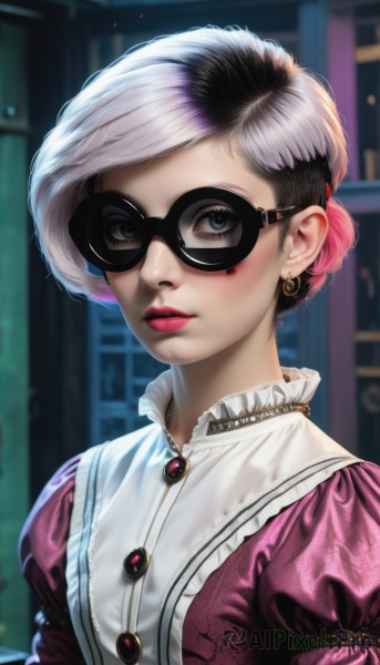 1girl,solo,looking at viewer,short hair,blue eyes,black hair,dress,jewelry,upper body,pink hair,white hair,multicolored hair,earrings,frills,parted lips,glasses,puffy sleeves,artist name,necklace,blurry,black eyes,two-tone hair,lips,eyelashes,makeup,buttons,lipstick,goggles,purple dress,eyeshadow,realistic,nose,red lips,bangs,hair ornament,long sleeves,watermark,sunglasses,brooch,gem,portrait,web address,asymmetrical hair,pink lips,bookshelf,library