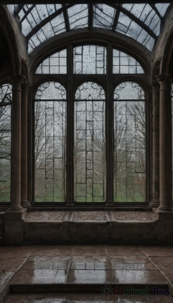 outdoors,sky,day,cloud,indoors,tree,no humans,window,nature,scenery,snow,forest,reflection,stairs,tiles,tile floor,winter,pillar,bare tree,puddle,fog,arch,reflective floor,pavement,architecture,ruins,floor,column,brick floor,broken window