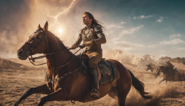 long hair,black hair,1boy,weapon,male focus,boots,outdoors,multiple boys,sky,pants,sword,cloud,armor,cloudy sky,ground vehicle,shoulder armor,realistic,electricity,riding,horse,lightning,soldier,horseback riding,dust,reins,war,saddle,1girl,solo,pointy ears,facial hair,animal,desert