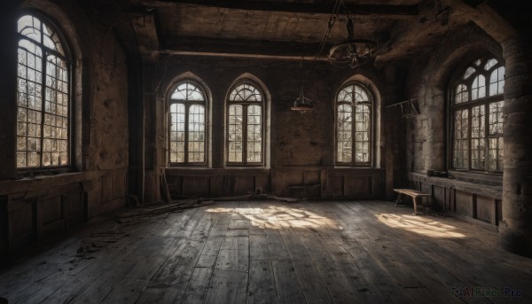 day,indoors,no humans,window,shadow,chair,table,sunlight,scenery,wooden floor,stairs,door,light,ruins,chandelier,wooden chair,broken window,plant,fantasy,candle,wall,wooden table