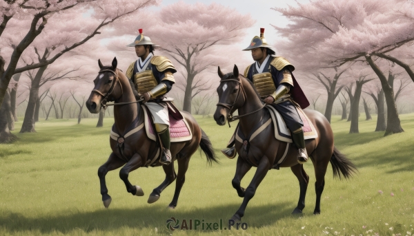 hat,weapon,male focus,outdoors,multiple boys,day,sword,2boys,cape,armor,tree,animal,helmet,grass,cherry blossoms,shoulder armor,sheath,riding,japanese armor,multiple others,horse,2others,horseback riding,reins,saddle,plume,1boy,holding,flower,japanese clothes,sky,holding weapon,holding sword,katana,tassel,pink flower,sheathed,bow (weapon),breastplate,sode,soldier,samurai,kabuto (helmet)