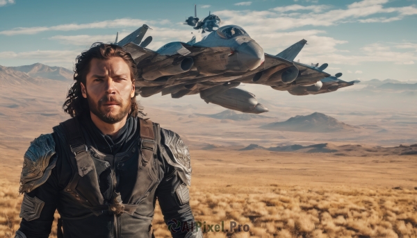 looking at viewer,brown hair,black hair,1boy,brown eyes,male focus,outdoors,multiple boys,sky,day,cloud,signature,armor,uniform,military,military uniform,facial hair,robot,beard,flying,science fiction,mountain,realistic,aircraft,military vehicle,airplane,pilot suit,field,vehicle focus,spacecraft,desert,jet,missile,fighter jet,pilot,emblem,manly