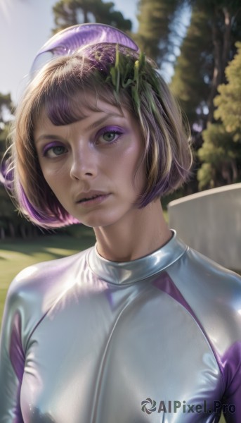 1girl,solo,breasts,looking at viewer,short hair,bangs,large breasts,brown hair,green eyes,upper body,multicolored hair,outdoors,parted lips,day,shiny,artist name,blurry,tree,lips,bodysuit,makeup,blurry background,bob cut,skin tight,eyeshadow,freckles,realistic,nose,latex,purple bodysuit,latex bodysuit,medium breasts,closed mouth,eyelashes,watermark,expressionless,web address,mascara