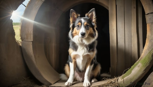 HQ,solo,looking at viewer,outdoors,day,black eyes,no humans,animal,sunlight,grass,lens flare,dog,light rays,realistic,sun,animal focus,open mouth,brown eyes,sitting,full body,sky,signature,fangs,plant,ruins,pillar,arch