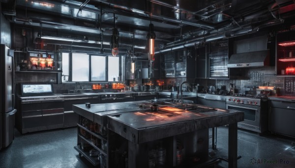 indoors,cup,no humans,window,chair,table,sunlight,bottle,scenery,science fiction,light,cable,stool,shelf,sink,ceiling light,tiles,kitchen,spatula,refrigerator,stove