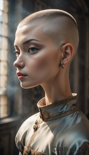 1girl,solo,looking at viewer,short hair,blue eyes,jewelry,upper body,grey hair,earrings,parted lips,blurry,lips,grey eyes,blurry background,portrait,freckles,realistic,nose,bald,very short hair,buzz cut,1boy,male focus,indoors,dark skin,eyelashes,window,profile,makeup,sunlight