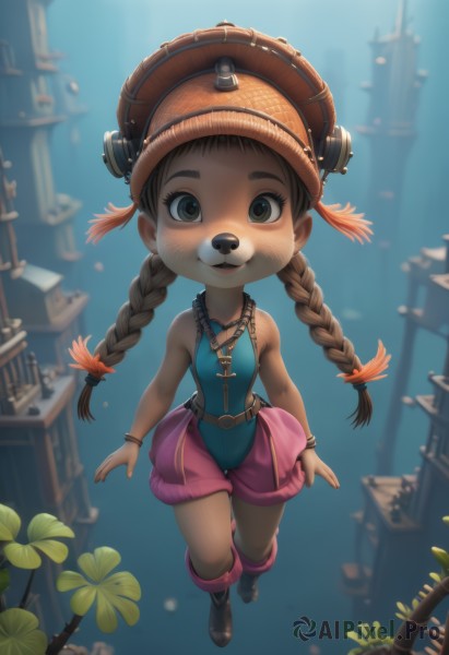 1girl,solo,long hair,breasts,looking at viewer,smile,open mouth,brown hair,hair ornament,hat,bare shoulders,twintails,brown eyes,jewelry,standing,full body,braid,small breasts,boots,outdoors,shorts,sleeveless,belt,necklace,blurry,twin braids,flat chest,bracelet,leotard,bare arms,blurry background,from above,thigh gap,looking up,plant,child,furry,furry female,arms at sides,female child,watercraft,ship,blue eyes,artist name,thick eyebrows,wristband,pink skirt,freckles,underwater