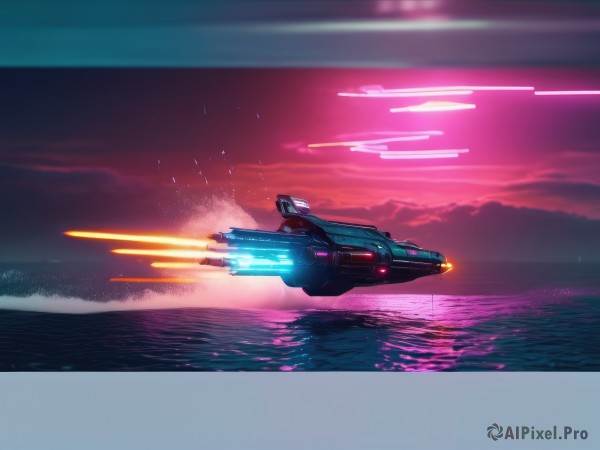 outdoors,sky,cloud,water,no humans,glowing,ocean,scenery,flying,science fiction,sunset,motion blur,aircraft,horizon,watercraft,vehicle focus,firing,spacecraft,lights,laser,signature,night,cloudy sky,star (sky)