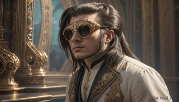 solo,long hair,brown hair,black hair,1boy,jewelry,closed mouth,jacket,upper body,male focus,glasses,indoors,blurry,lips,blurry background,facial hair,sunglasses,white jacket,portrait,beard,reflection,gold trim,stairs,realistic,grey hair,goggles