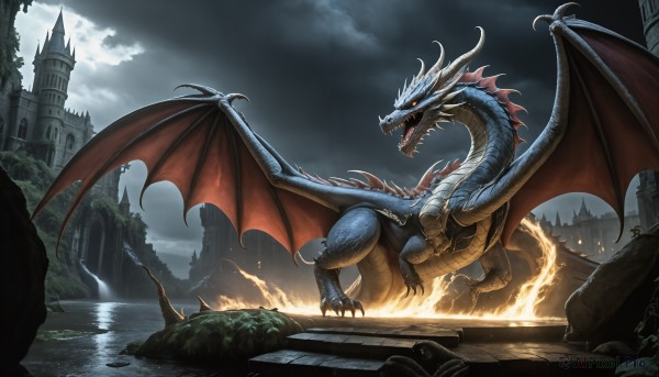 HQ,open mouth,tail,yellow eyes,outdoors,wings,horns,sky,teeth,cloud,water,no humans,night,fangs,cloudy sky,fire,sharp teeth,building,scenery,claws,monster,city,fantasy,dragon,scales,ruins,castle,dragon wings,breathing fire,weapon,sword,glowing,river