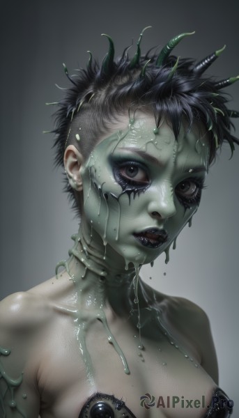 1girl,solo,breasts,looking at viewer,short hair,simple background,black hair,bare shoulders,medium breasts,collarbone,upper body,parted lips,horns,teeth,shiny,artist name,grey background,black eyes,covered nipples,lips,wet,gradient,gradient background,eyelashes,makeup,colored skin,lipstick,monster girl,eyeshadow,green skin,grey skin,dripping,slime (substance),mascara,black lips,cracked skin,cleavage,grey eyes,extra eyes,green lips