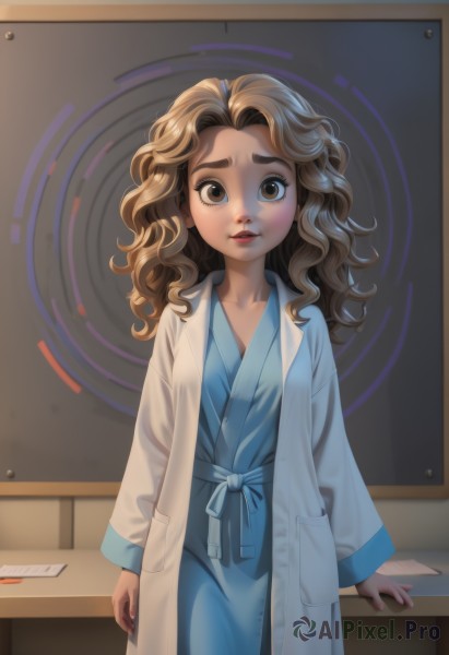 1girl,solo,long hair,breasts,looking at viewer,brown hair,long sleeves,brown eyes,standing,collarbone,cowboy shot,parted lips,indoors,lips,wavy hair,thick eyebrows,desk,curly hair,robe,paper,labcoat,hospital gown,bathrobe,open mouth