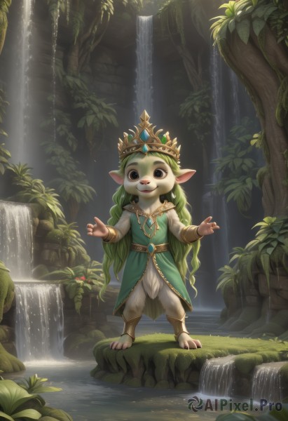 1girl,solo,long hair,looking at viewer,smile,open mouth,dress,animal ears,brown eyes,jewelry,very long hair,standing,full body,flower,outdoors,green hair,barefoot,pointy ears,belt,water,necklace,black eyes,tree,grass,crown,plant,nature,furry,furry female,toeless legwear,waterfall,moss,long sleeves,teeth,day,artist name,hands up,:3,leaf,watermark,happy,sunlight,gem,claws,light rays,rock,body fur