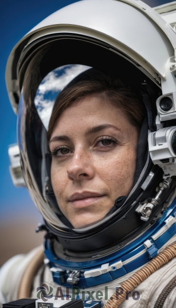 1girl,solo,looking at viewer,brown hair,1boy,brown eyes,closed mouth,upper body,male focus,sky,signature,blurry,blue sky,lips,blurry background,helmet,portrait,reflection,science fiction,realistic,nose,spacesuit,space helmet,astronaut,moon,freckles,logo,space,planet,dirty,earth (planet)