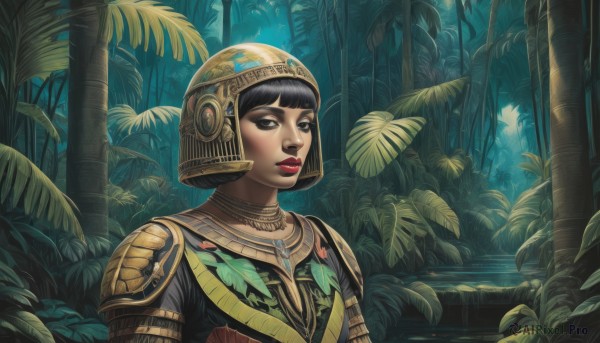 1girl,solo,looking at viewer,short hair,bangs,black hair,jewelry,upper body,outdoors,parted lips,blunt bangs,water,necklace,armor,black eyes,tree,lips,makeup,leaf,helmet,plant,lipstick,shoulder armor,nature,forest,nose,palm tree,red lips,gorget,closed mouth,bob cut,realistic