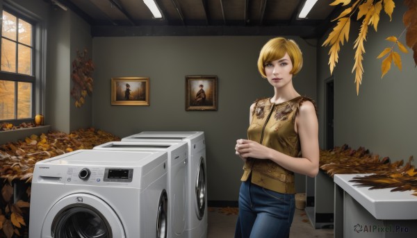 1girl,solo,breasts,looking at viewer,short hair,blue eyes,blonde hair,shirt,holding,standing,sleeveless,pants,indoors,vest,cup,lips,window,leaf,denim,jeans,realistic,autumn leaves,bangs,brown eyes,tree,sleeveless shirt,yellow shirt,blue pants,autumn,washing machine