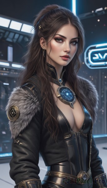 1girl,solo,long hair,breasts,looking at viewer,brown hair,hair ornament,long sleeves,cleavage,brown eyes,jewelry,medium breasts,jacket,upper body,ponytail,earrings,parted lips,open clothes,belt,mole,blurry,open jacket,lips,black jacket,fur trim,bodysuit,makeup,blurry background,lipstick,eyeshadow,half updo,freckles,fur collar,realistic,nose,red lips,eyeliner,leather,forehead,zipper,cropped jacket,science fiction,neon lights