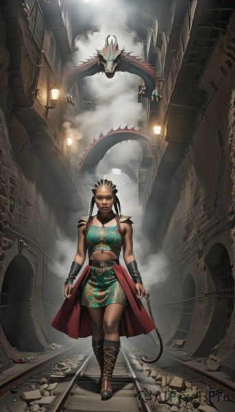 1girl,solo,long hair,breasts,looking at viewer,skirt,brown hair,navel,jewelry,medium breasts,weapon,braid,boots,midriff,cloud,dark skin,dark-skinned female,tattoo,cross-laced footwear,smoke,walking,dragon,whip,black hair,twintails,armor,chain,building,eastern dragon