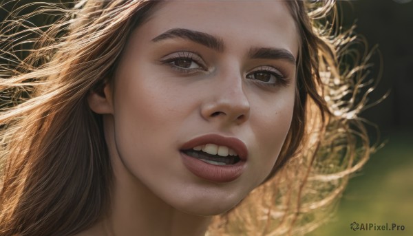 1girl,solo,long hair,looking at viewer,open mouth,brown hair,brown eyes,teeth,blurry,lips,blurry background,upper teeth only,thick eyebrows,portrait,close-up,freckles,realistic,nose,eyelashes