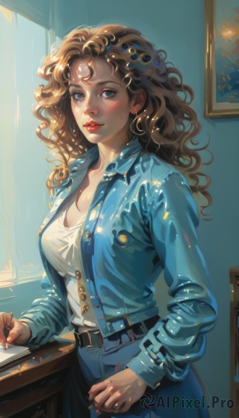 1girl,solo,long hair,breasts,looking at viewer,blue eyes,brown hair,shirt,hair ornament,long sleeves,cleavage,jewelry,medium breasts,standing,jacket,white shirt,cowboy shot,earrings,parted lips,open clothes,belt,pants,indoors,nail polish,open jacket,lips,fingernails,book,eyelashes,window,makeup,buttons,wavy hair,chair,table,sunlight,denim,lipstick,blue jacket,red nails,freckles,curly hair,jeans,nose,unbuttoned,blue pants,red lips,mascara,denim jacket,skirt,large breasts,holding,collarbone,collared shirt,blue skirt,ring,curtains,backlighting,cigarette,light rays,light,pencil,picture frame,orange nails,sidelighting