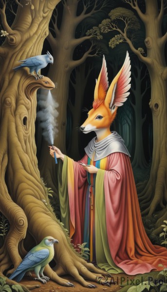 1girl,solo,holding,animal ears,standing,outdoors,wide sleeves,cape,tree,fox ears,night,bird,animal,nature,furry,forest,smoke,robe,furry female,smoking,smoking pipe,fox,beak,lizard,blue eyes,no humans,leaf,rabbit,fantasy,mushroom,deer