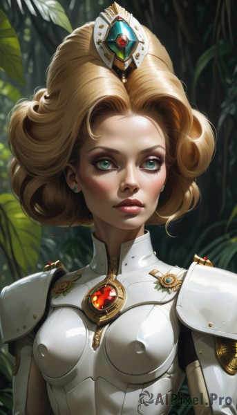 1girl,solo,breasts,looking at viewer,short hair,blonde hair,jewelry,green eyes,upper body,earrings,small breasts,armor,covered nipples,lips,eyelashes,bodysuit,makeup,leaf,lipstick,brooch,shoulder armor,gem,science fiction,curly hair,pauldrons,breastplate,nose,red lips,power armor,gorget,blue eyes,medium breasts,crown,plant,nature,shoulder pads