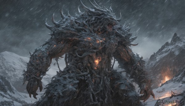 solo,open mouth,standing,outdoors,horns,sky,teeth,cloud,armor,no humans,glowing,cloudy sky,fire,robot,sharp teeth,glowing eyes,claws,snow,1other,spikes,rain,monster,mountain,giant,grey sky,kaijuu,fangs,scenery,snowing,molten rock