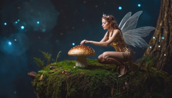 1girl,solo,long hair,brown hair,hair ornament,dress,bare shoulders,jewelry,closed eyes,braid,wings,high heels,tree,night,squatting,nature,forest,realistic,fantasy,fairy wings,fairy,mushroom,pointy ears,twin braids,grass,crown,plant,fireflies