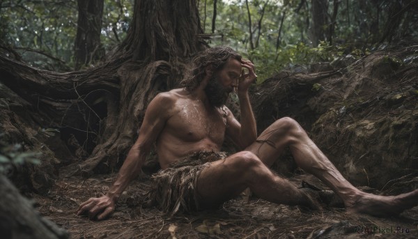 solo,long hair,brown hair,black hair,1boy,jewelry,sitting,closed mouth,nipples,full body,male focus,outdoors,barefoot,day,dark skin,blurry,tree,tattoo,muscular,facial hair,abs,sunlight,pectorals,muscular male,nature,bara,beard,forest,topless male,realistic,branch,dirty,chest hair,loincloth,leg hair,tribal,dirty feet,holding,nude,pointy ears,hand up,necklace,from side,arm support,leaf,dark-skinned male,knee up,toned,arm tattoo,bare pectorals,on ground,toned male,dappled sunlight,chest tattoo