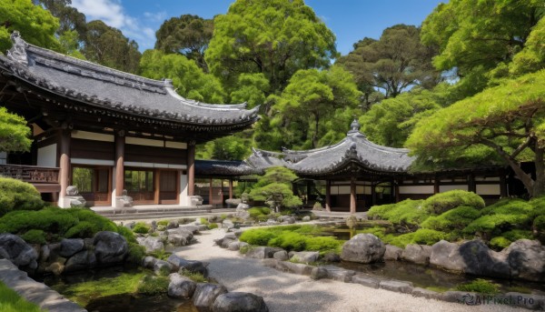 outdoors,sky,day,cloud,tree,blue sky,no humans,grass,building,nature,scenery,forest,rock,stairs,road,bush,architecture,east asian architecture,shrine,path,stone,stone lantern,water,plant,pond