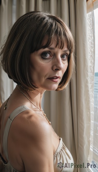 1girl,solo,breasts,looking at viewer,short hair,bangs,brown hair,black hair,dress,bare shoulders,jewelry,upper body,parted lips,teeth,choker,indoors,necklace,black eyes,from side,lips,grey eyes,window,bob cut,curtains,freckles,realistic,nose,brown eyes,medium breasts,looking back