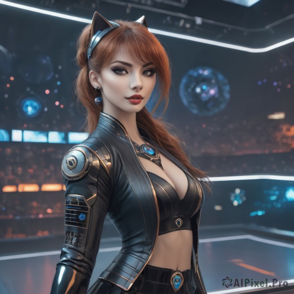 1girl,solo,long hair,breasts,looking at viewer,bangs,large breasts,brown hair,navel,animal ears,cleavage,brown eyes,jewelry,medium breasts,underwear,jacket,hairband,earrings,parted lips,open clothes,midriff,pants,cat ears,necklace,blurry,open jacket,lips,black jacket,makeup,depth of field,blurry background,fake animal ears,black pants,lipstick,between breasts,eyeshadow,science fiction,realistic,nose,red lips,long sleeves,closed mouth,upper body,artist name,crop top,gem,cyberpunk