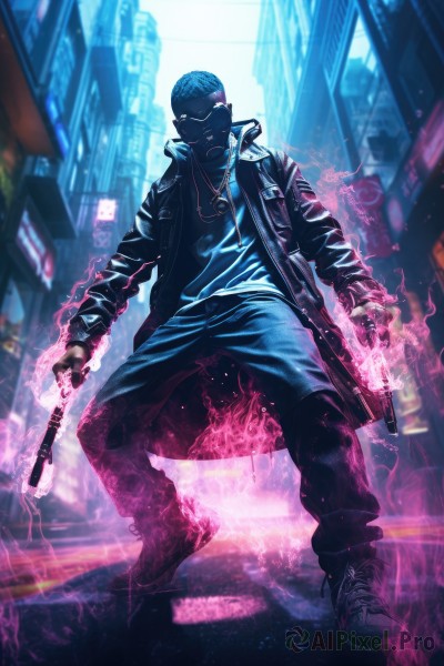 solo,looking at viewer,shirt,long sleeves,1boy,holding,jewelry,standing,purple eyes,jacket,full body,weapon,male focus,boots,outdoors,open clothes,shoes,pants,necklace,black footwear,holding weapon,blurry,open jacket,black jacket,gun,mask,blurry background,glowing,black pants,fire,building,sneakers,holding gun,glowing eyes,city,mouth mask,aura,glowing eye,dog tags,gas mask,cyberpunk,neon lights,blue hair,sword,night