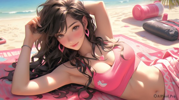 1girl,solo,long hair,breasts,looking at viewer,blush,smile,bangs,large breasts,brown hair,black hair,navel,cleavage,bare shoulders,brown eyes,jewelry,medium breasts,closed mouth,collarbone,swimsuit,upper body,heart,bikini,earrings,outdoors,lying,day,midriff,on back,armpits,water,necklace,stomach,arms up,bracelet,lips,crop top,ocean,wavy hair,on side,beach,phone,bottle,towel,messy hair,hand in own hair,sand,pink bikini,sarong,heart earrings,heart print,heart necklace,beach towel,hair dryer,nail polish,mole,fingernails,bare arms,sunlight,cellphone,animal print,smartphone,pink nails,pink skirt,arm behind head,hoop earrings,sports bra,pink lips,pink pants