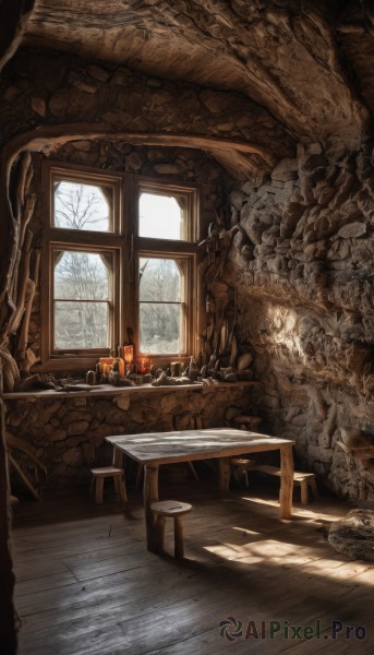 day,indoors,tree,cup,no humans,window,chair,table,fire,plant,nature,scenery,snow,wooden floor,rock,candle,wall,ruins,bare tree,candlestand,wooden table,fireplace,wood,broken window,solo,sitting,bottle,plate,fantasy,stool,wooden chair