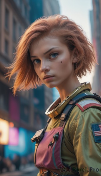 1girl,solo,looking at viewer,short hair,blue eyes,brown hair,upper body,orange hair,mole,blurry,uniform,lips,military,mole under eye,military uniform,blurry background,wind,freckles,realistic,nose,harness,american flag,blonde hair,closed mouth,outdoors,parted lips,day,artist name,vest,from side,eyelashes,depth of field,facial mark,goggles,building,city,facepaint,badge,dirty,goggles around neck,dirty face